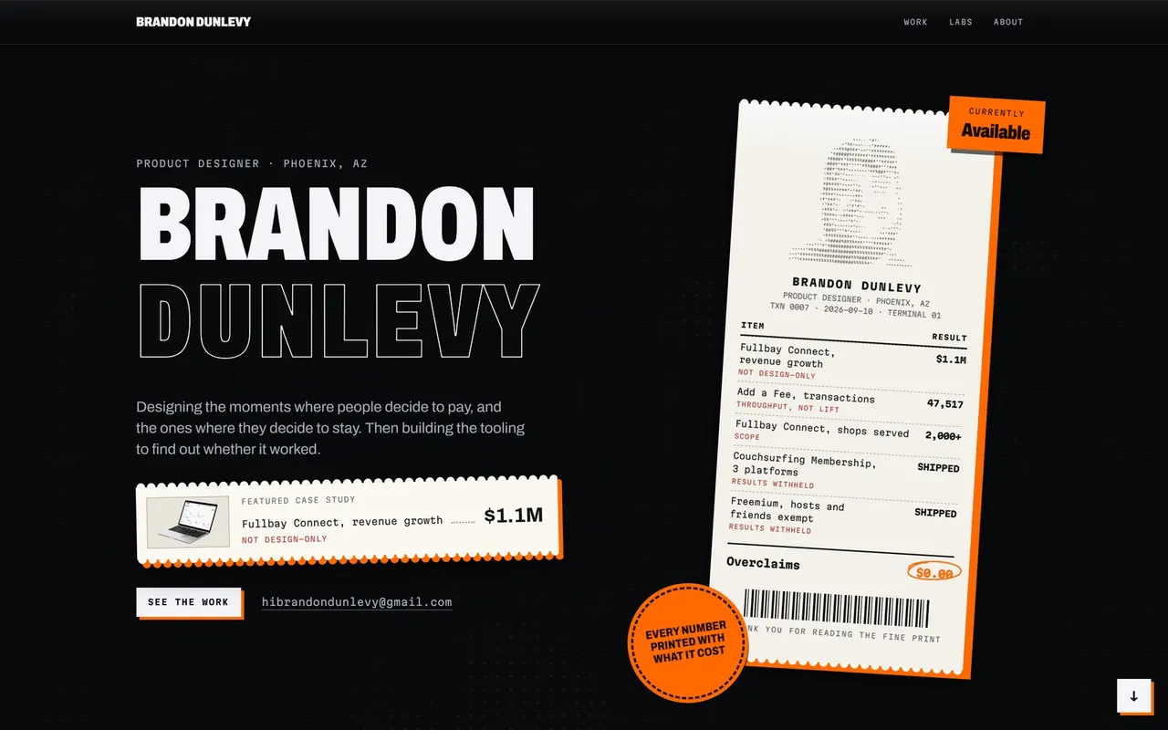 The home page of this site: the name in large type, the paper with the dot-matrix face and the numbers, and the featured case