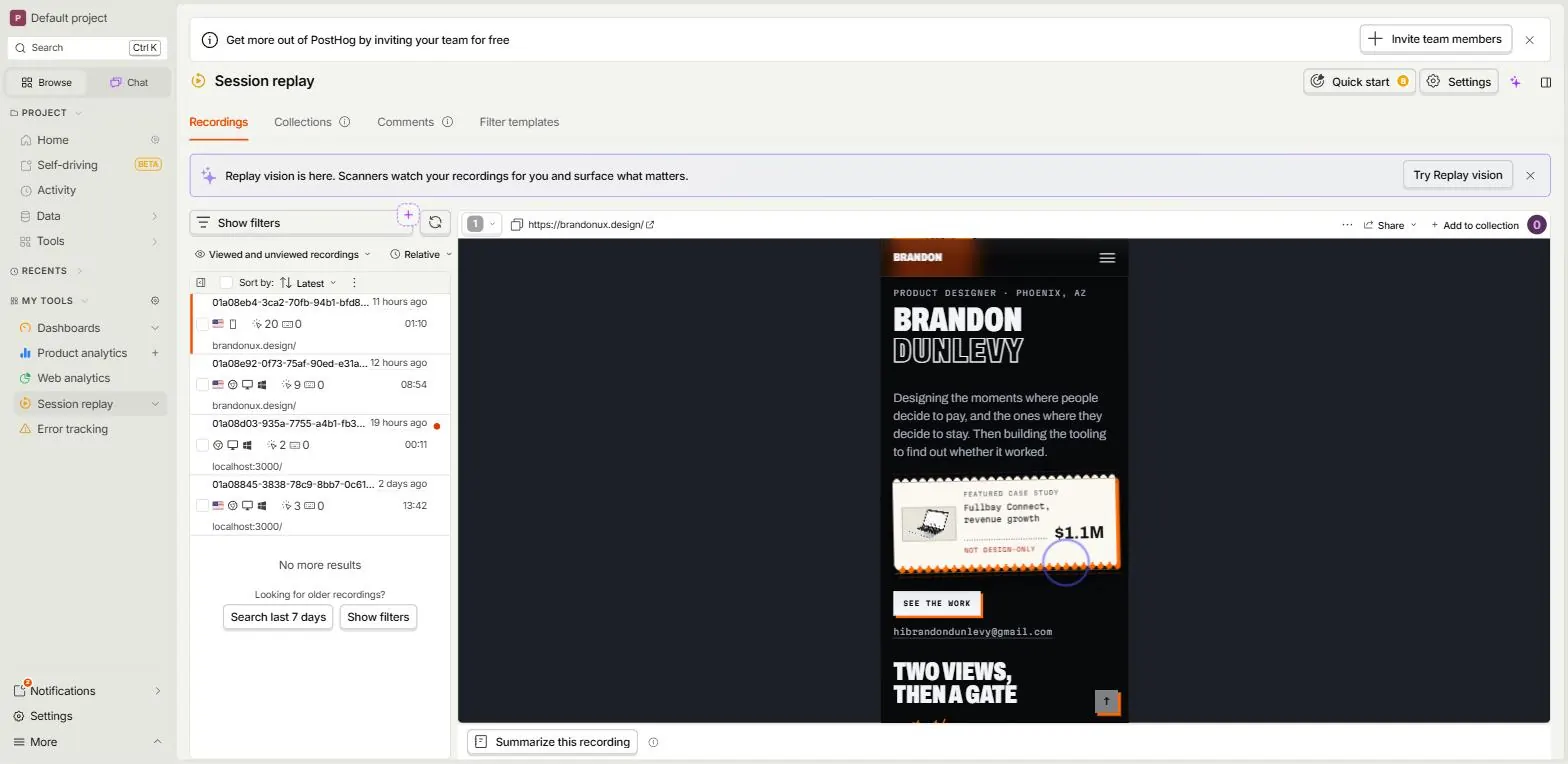 PostHog's session replay screen with four recordings from launch week listed on the left and one playing: a phone visitor on the home page, the name in large type, the thesis, and the featured case with its figure.