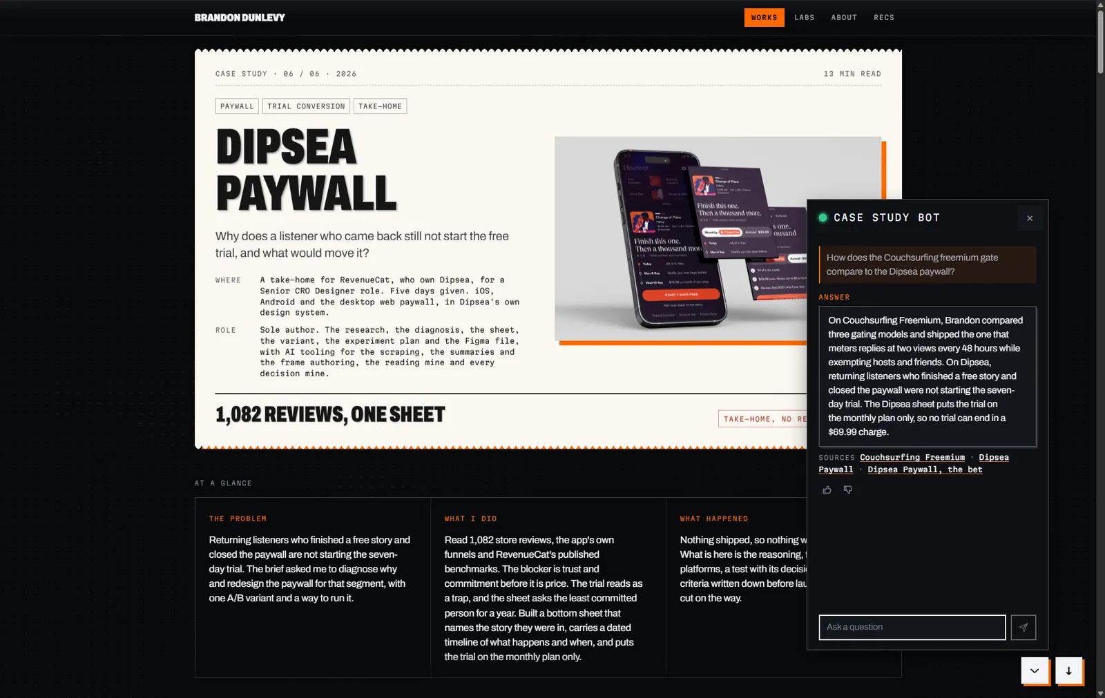 The chat panel open over a study page at desktop width: the question in an orange-edged box, a three-sentence answer about the Couchsurfing freemium gate and the Dipsea paywall, three sources under it, and the key folded below the panel.