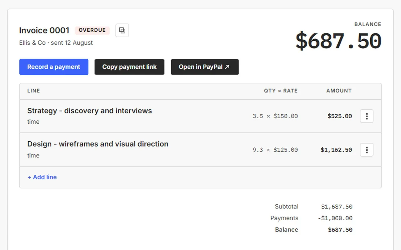A Dough invoice on seed data: two time lines, a partial payment, the balance in large type, and the buttons to record a payment, copy the payment link or open it in PayPal