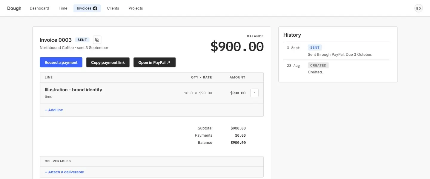 One sent invoice on seed data: the balance in large type, Record a payment, Copy payment link and Open in PayPal buttons, one time line at quantity times rate, the subtotal, payments and balance, an empty deliverables panel, and a history column showing created and sent through PayPal with the due date
