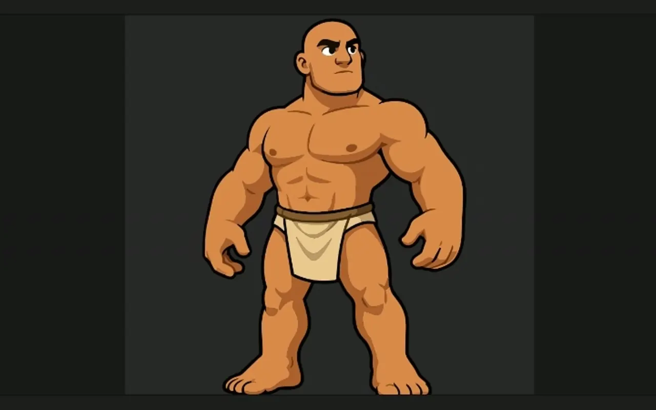 A bald, heavily muscled gladiator sprite standing still on the Rive stage, bare-chested in a cream loincloth, barefoot, looking off to his left