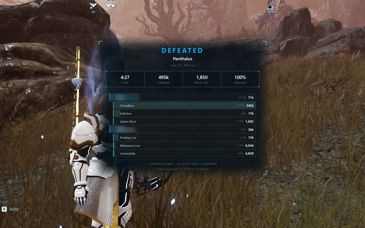 The results card over the game after a boss kill: Defeated, the boss name, then time, damage, raid DPS and tracked share, and each player's damage with their Pals nested under them