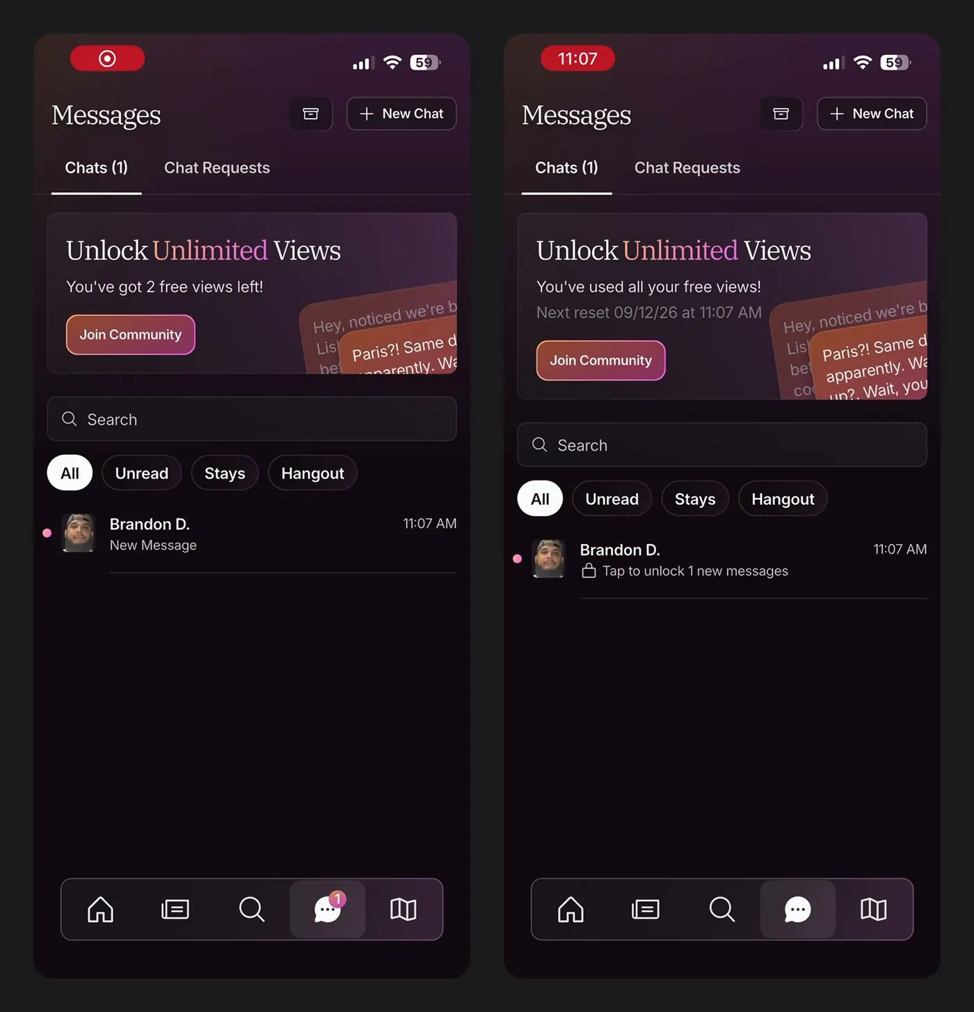 The chat inbox, two states: the counter card reading Unlock Unlimited Views, you have 2 free views left, and the same inbox after the views are spent, the card now naming the reset date and the chat row locked with Tap to unlock 1 new messages