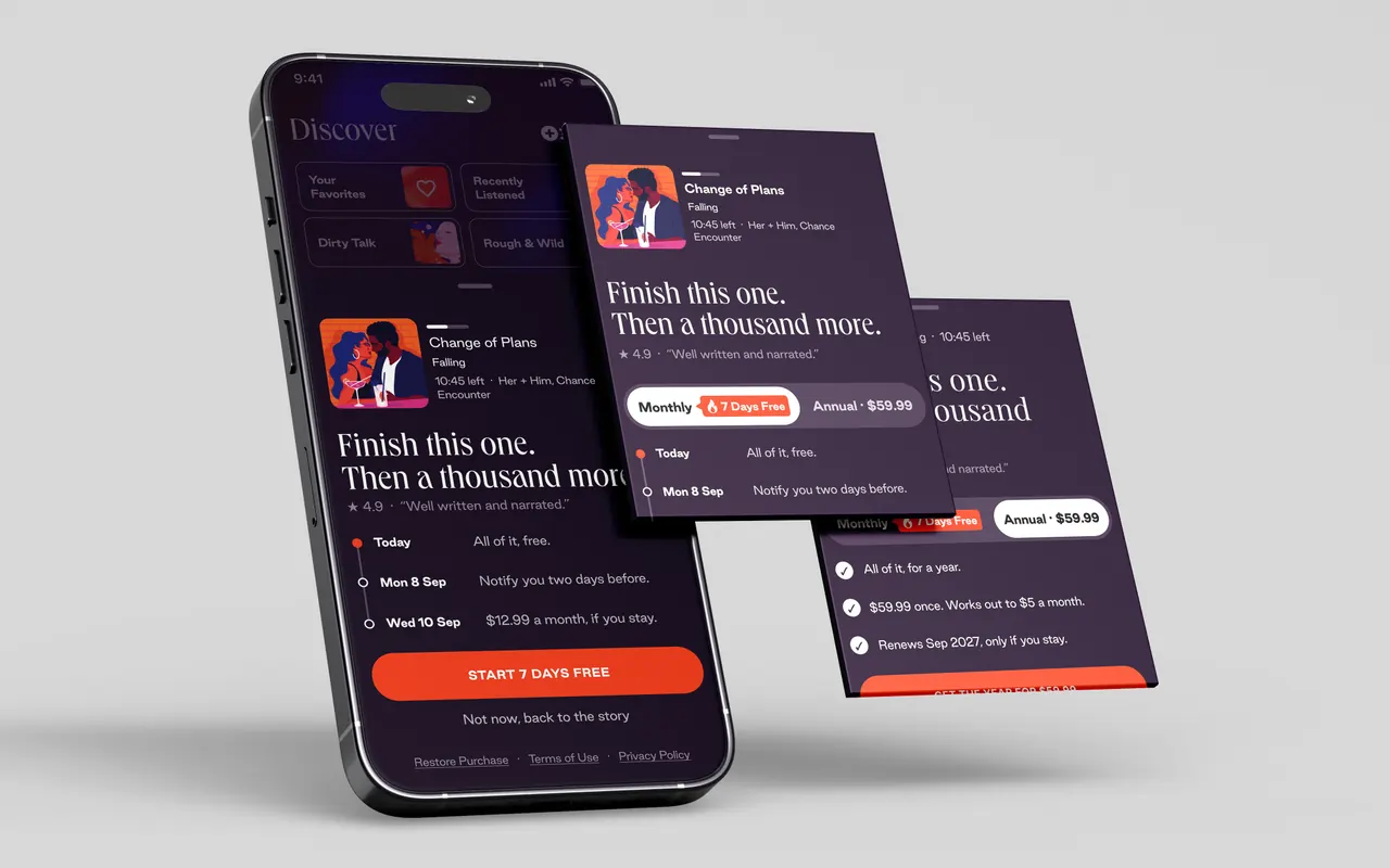 A phone on the Dipsea Discover screen with the one-plan sheet over it, the dated trial timeline and START 7 DAYS FREE, and two sheet cards floating beside it, the two-plan sheet with Monthly and 7 Days Free selected, and the same sheet with Annual at $59.99 selected and its three ticked rows
