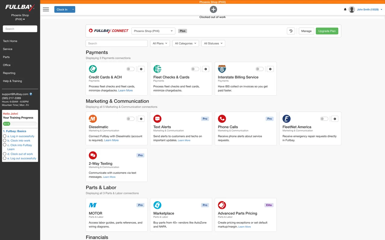 The shipped Fullbay Connect page: connections grouped by job to be done, with plan badges and the Upgrade Plan button in the header.