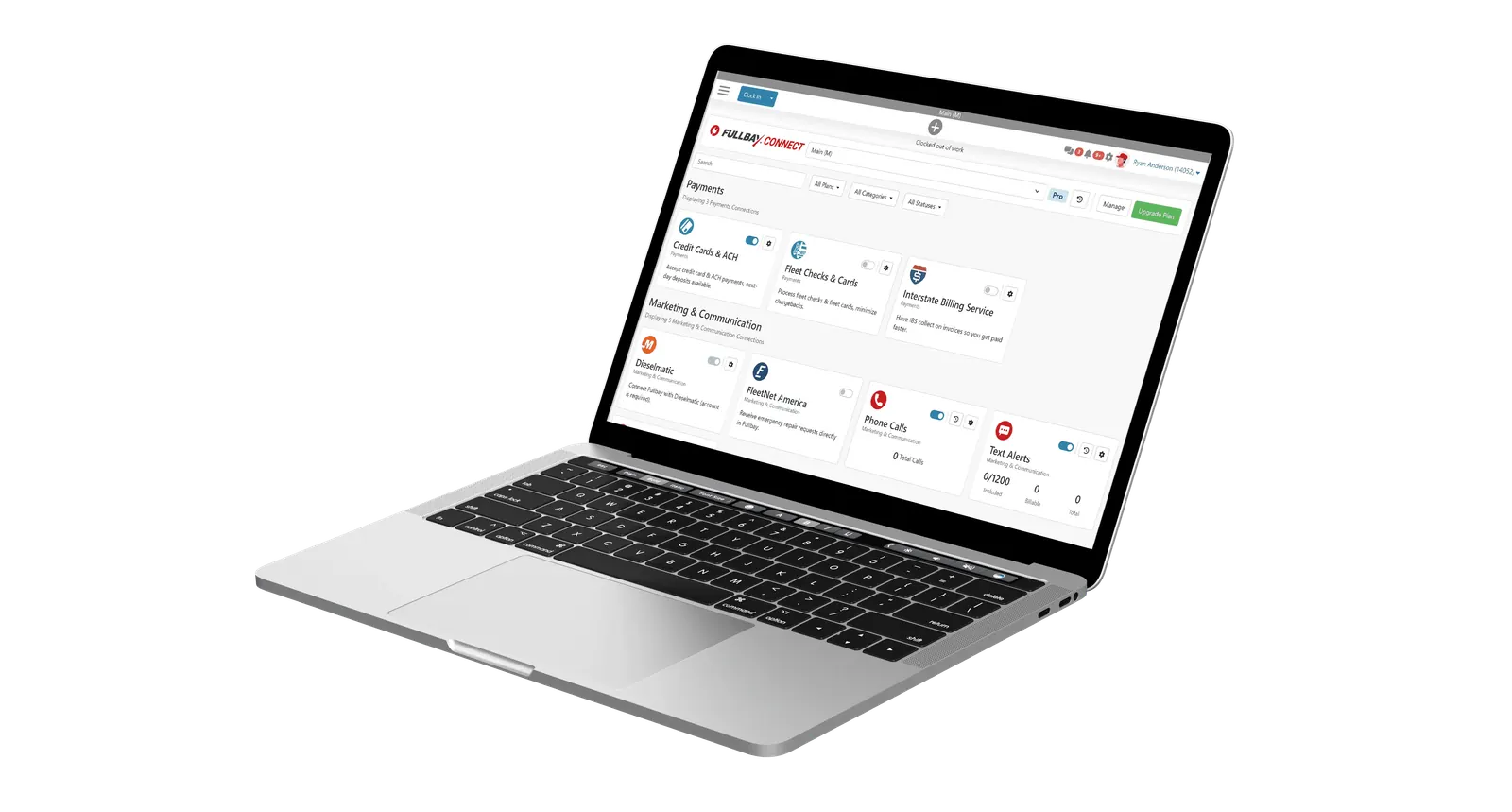 Fullbay Connect integrations page, showing payments and marketing connections grouped into cards with per-integration toggles and an upgrade path.